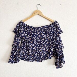Chloe & Katie Blue Crop Blouse with Ruffled Neckline and 3/4 Sleeves
